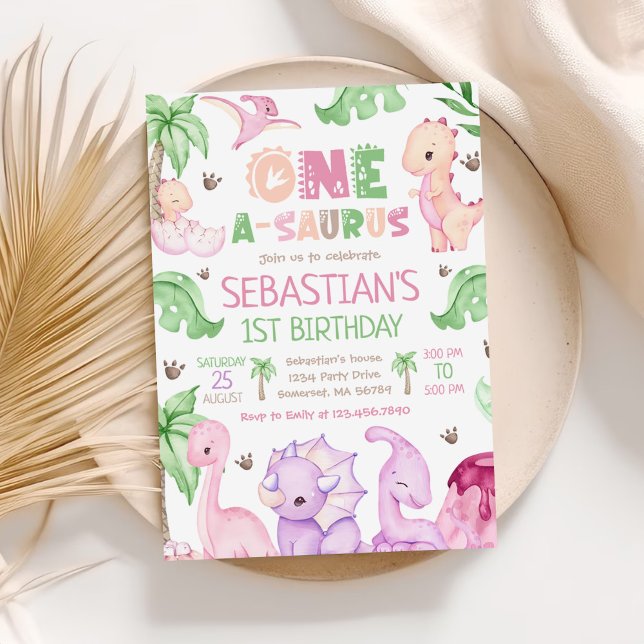 Dinosaur One-A-Saurus Girl 1st Birthday Party Invitation (Creator Uploaded)