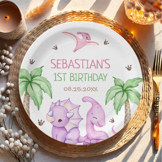Dinosaur One-A-Saurus Girl 1st Birthday Party Paper Plate (Creator Uploaded)