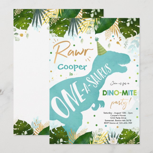 Dinosaur One-A-Saurus Party Dinosaur 1st Birthday Invitation (Front/Back)
