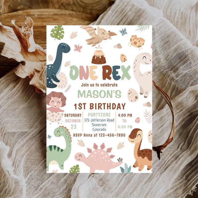 Dinosaur One Rex Boy 1st Birthday Party Invitation (Creator Uploaded)