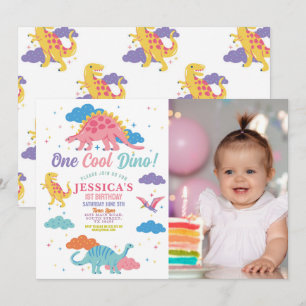 Dinosaur One Rex Cute Girls 1st Pink Party Photo Invitation