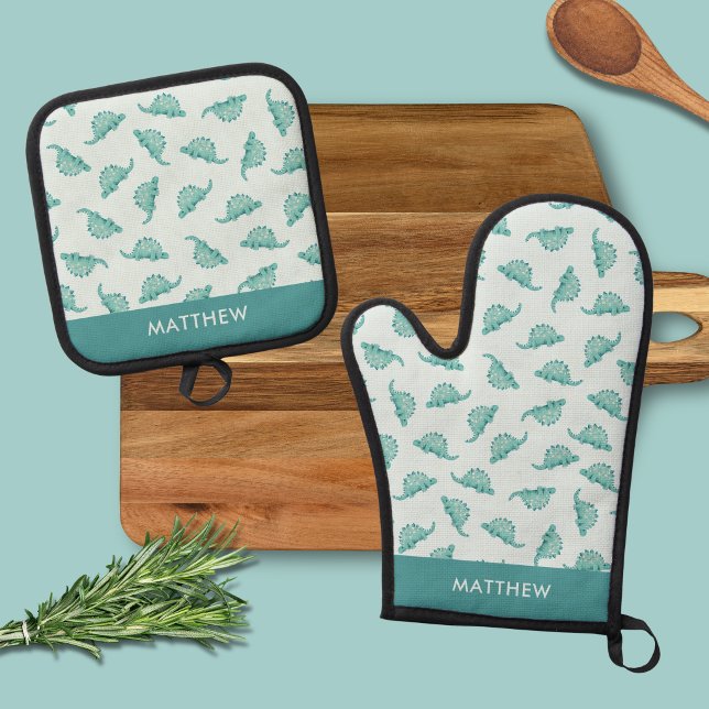 Dinosaur Oven Mitt and Pot Holders Oven Mitt & Pot Holder Set (Personalised dinosaur oven glove and oven mitt set)