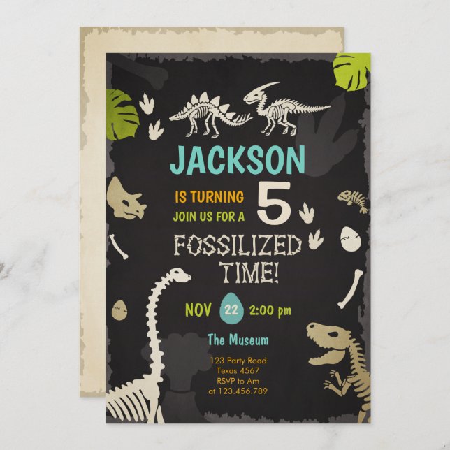 Dinosaur Party Boy Fossil Dino Dig Birthday Invitation (Front/Back)