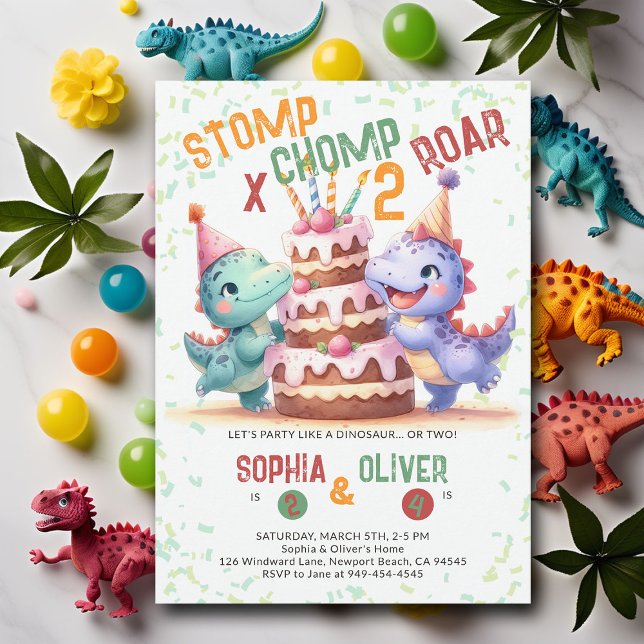 Dinosaur Party Cake Funny Joint Sibling Birthday Invitation (dinosaur joint sibling birthday party dino stomp chomp roar funny watercolor giant cake prehistoric )