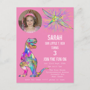 Dinosaur Party Girls 3rd Birthday Photo Pink Dino Invitation Postcard