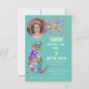 Dinosaur Party Girls 3rd Birthday photo Teal Dino Invitation