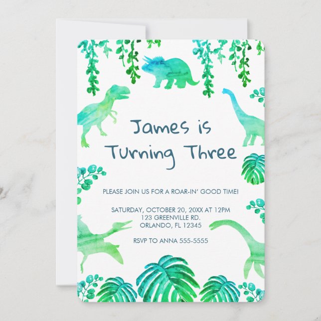 Dinosaur Party Green Botanical Invitation (Front)