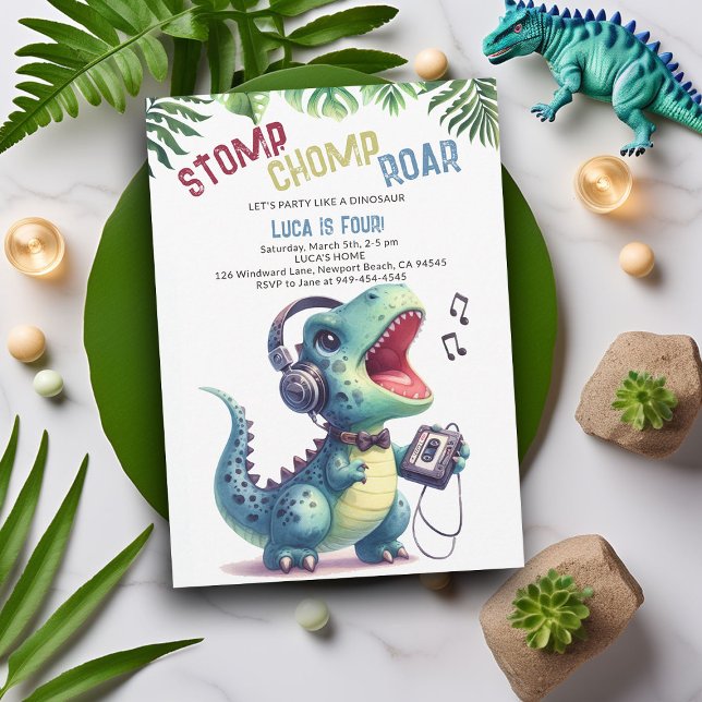 Dinosaur Party Song Stomp Chomp Roar Boy Birthday Invitation (Dinosaur boy birthday invitation dino stomp chomp roar pre historic jungle song dance party cute fun)