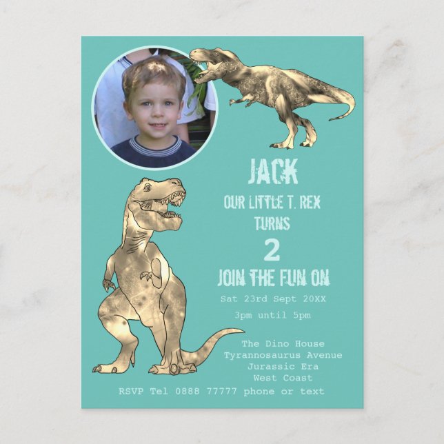 Dinosaur Party T Rex Boys 2nd Birthday Teal Photo  Invitation Postcard (Front)
