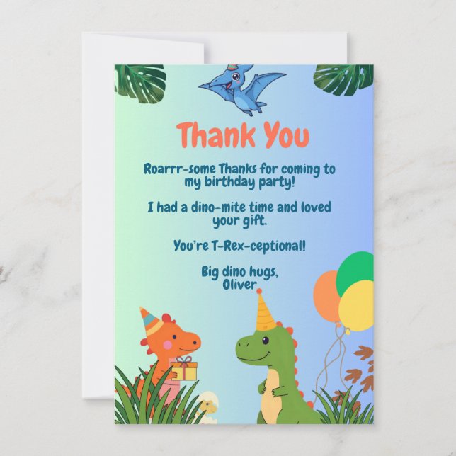 Dinosaur Party Thank You Card (Front)