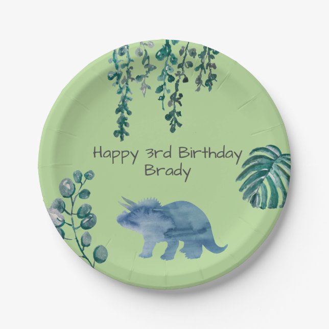 Dinosaur Party Triceratops Green Paper Plate (Front)