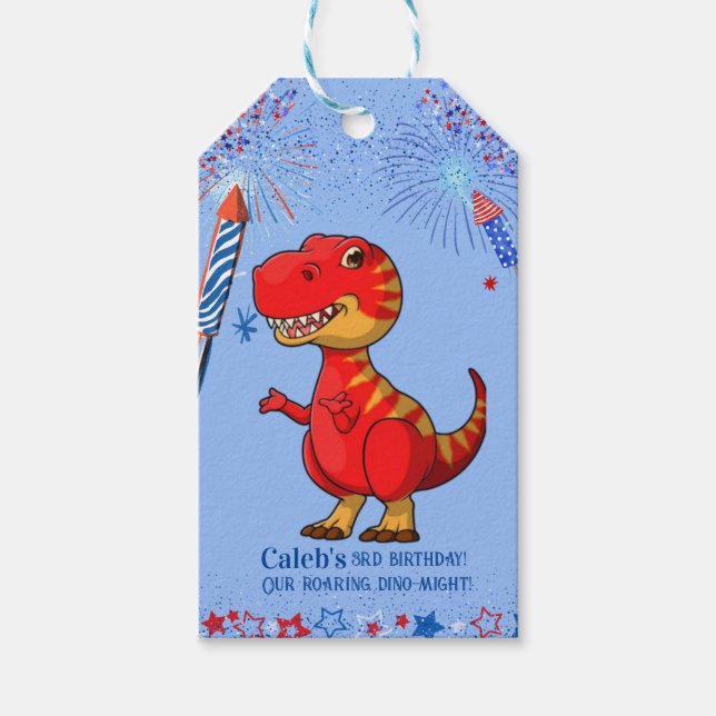 Dinosaur patriotic birthday, gift tags (Front)