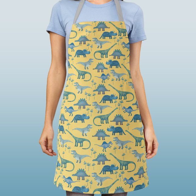 Dinosaur Pattern Apron (Blue dinosaurs on a yellow background patterned apron)