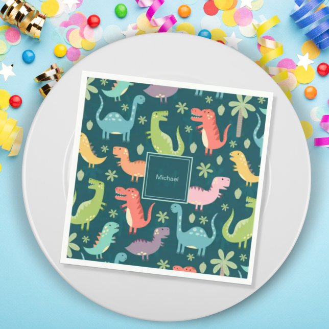 Dinosaur Pattern Blue Monogrammed Kid Boy Party Napkin (Creator Uploaded)