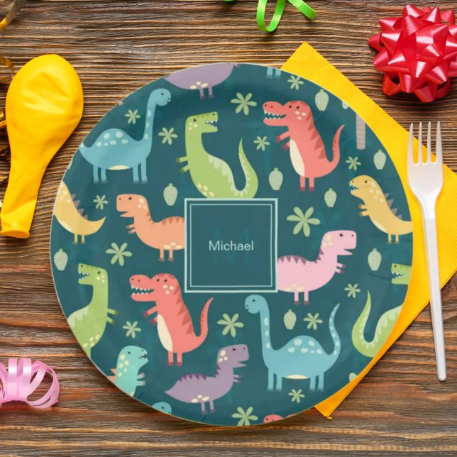 Dinosaur Pattern Blue Monogrammed Kid Boy Party Paper Plate (Creator Uploaded)