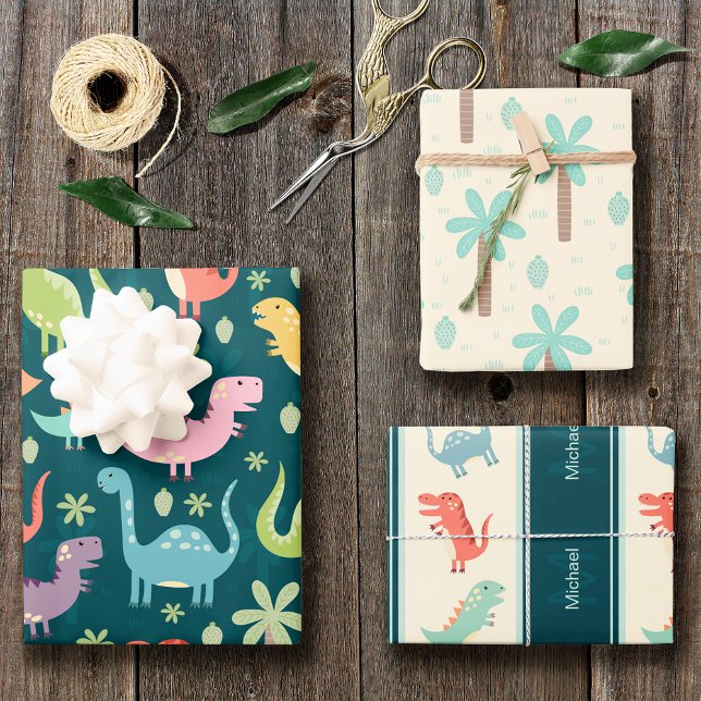 Dinosaur Pattern Blue Monogrammed Kid Boy Party Wrapping Paper Sheet (Creator Uploaded)