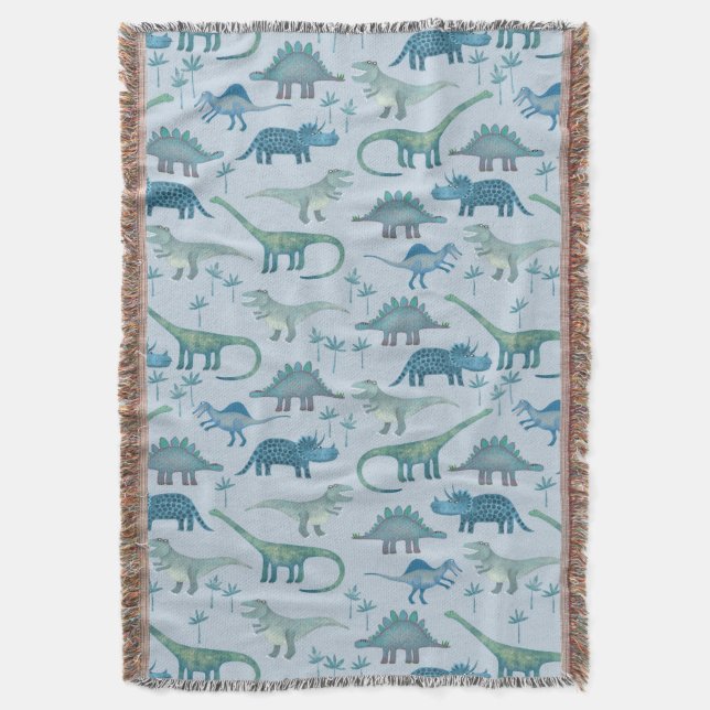 Dinosaur Pattern Blue Throw Blanket (Front Vertical)