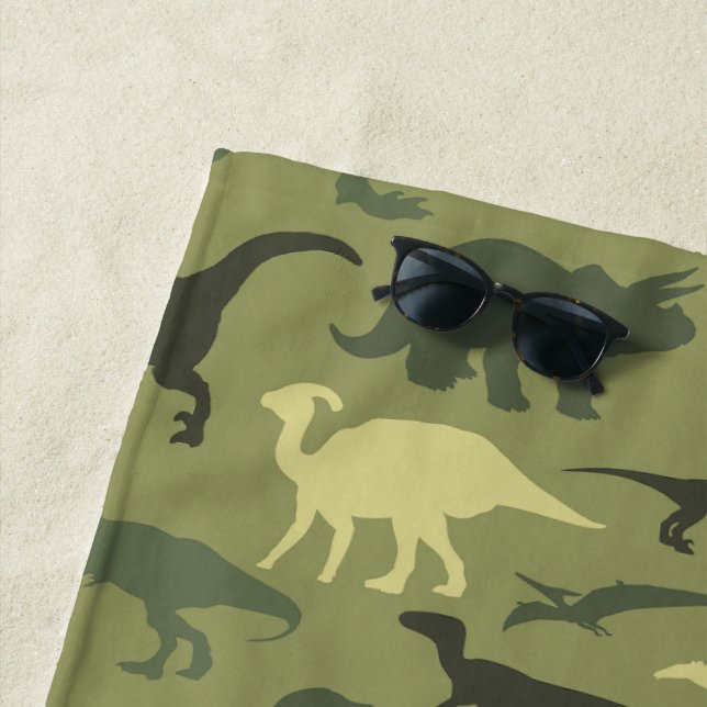 Dinosaur Pattern, Dinosaur Silhouette, Green Dino Beach Towel (In Situ)