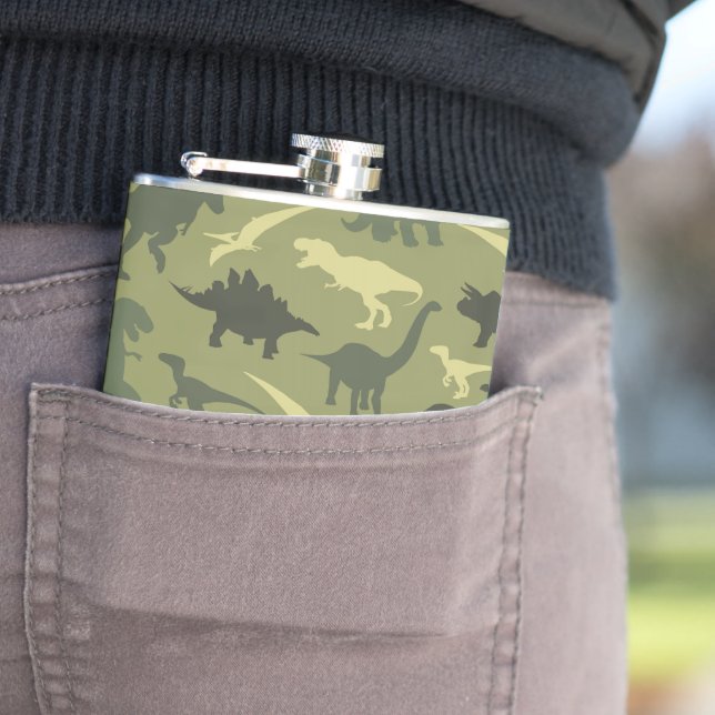 Dinosaur Pattern, Dinosaur Silhouette, Green Dino Hip Flask (In Situ)