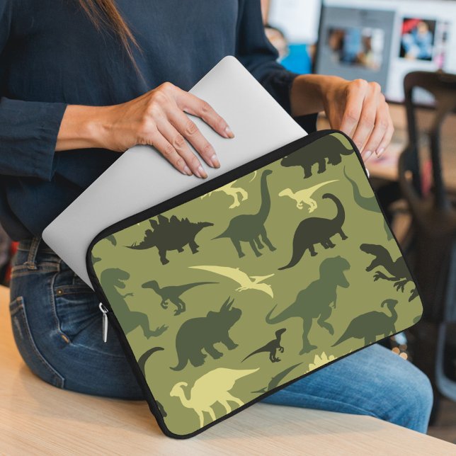 Dinosaur Pattern, Dinosaur Silhouette, Green Dino Laptop Sleeve (Creator Uploaded)