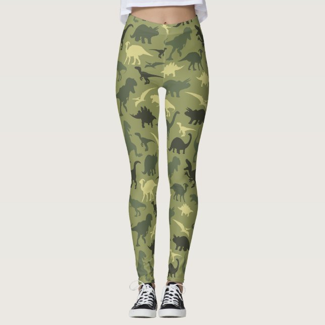 Dinosaur Pattern, Dinosaur Silhouette, Green Dino Leggings (Front)