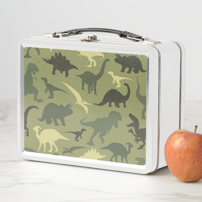 Dinosaur Pattern, Dinosaur Silhouette, Green Dino Metal Lunch Box (In Situ)