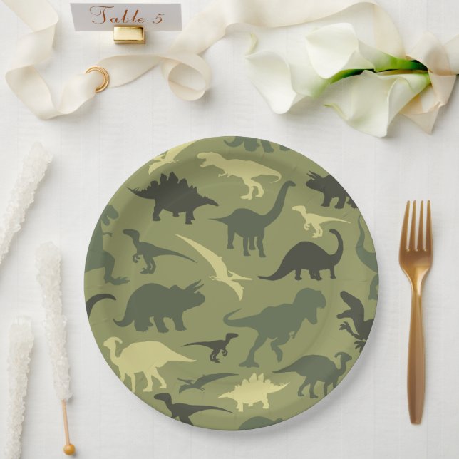 Dinosaur Pattern, Dinosaur Silhouette, Green Dino Paper Plate (Wedding)