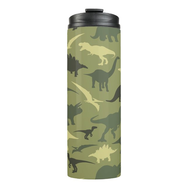 Dinosaur Pattern, Dinosaur Silhouette, Green Dino Thermal Tumbler (Front)