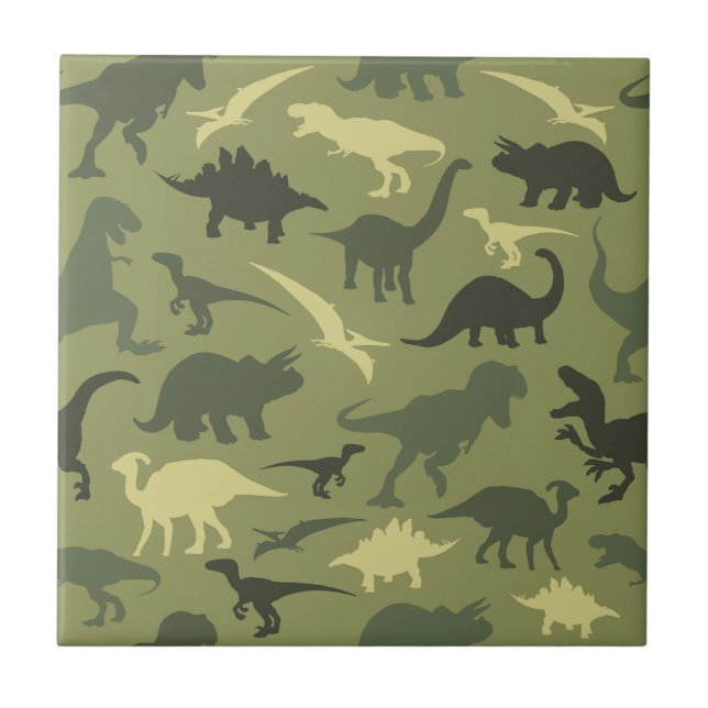 Dinosaur Pattern, Dinosaur Silhouette, Green Dino Tile (Front)