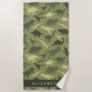 Dinosaur Pattern, Dinosaur Silhouette, Your Name Beach Towel