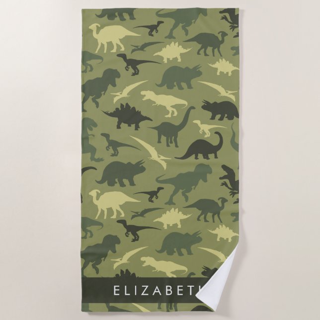 Dinosaur Pattern, Dinosaur Silhouette, Your Name Beach Towel (Front)