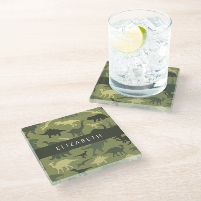 Dinosaur Pattern, Dinosaur Silhouette, Your Name Glass Coaster (Angled)