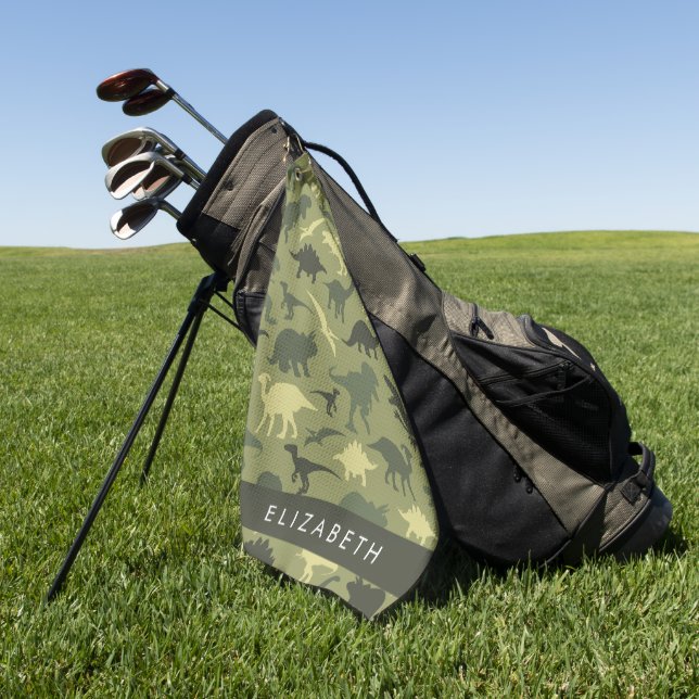 Dinosaur Pattern, Dinosaur Silhouette, Your Name Golf Towel (Green)