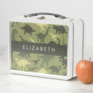 Dinosaur Pattern, Dinosaur Silhouette, Your Name Metal Lunch Box