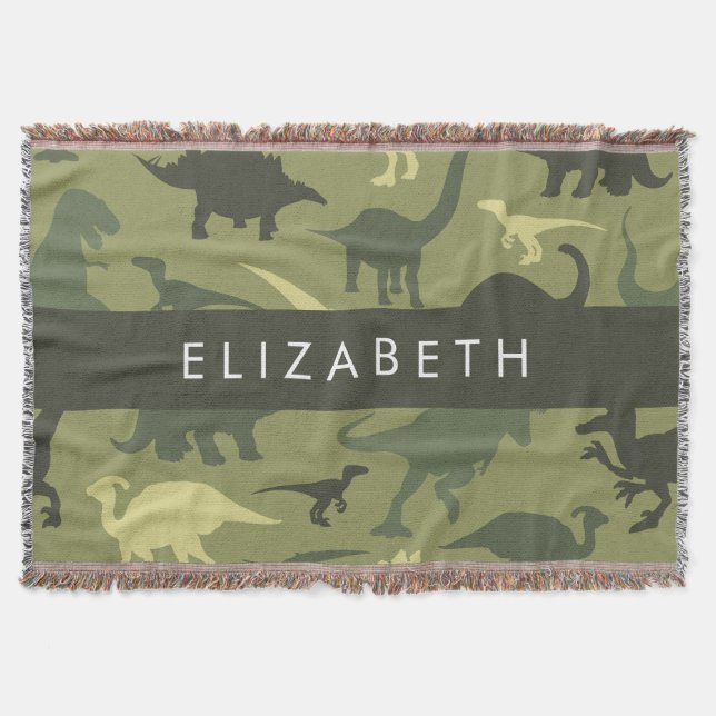Dinosaur Pattern, Dinosaur Silhouette, Your Name Throw Blanket (Front)