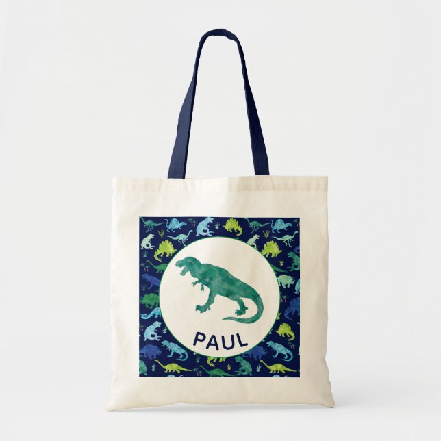 Dinosaur Pattern Personalised Kids T-Rex Tote Bag (Front)