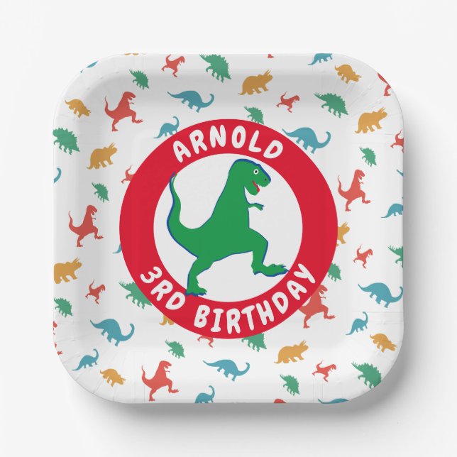 Dinosaur Pattern T-Rex Boy 3rd Birthday Party Paper Plate (Front)