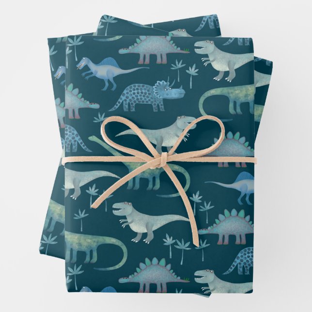 Dinosaur Pattern Teal Wrapping Paper Sheet (In situ)