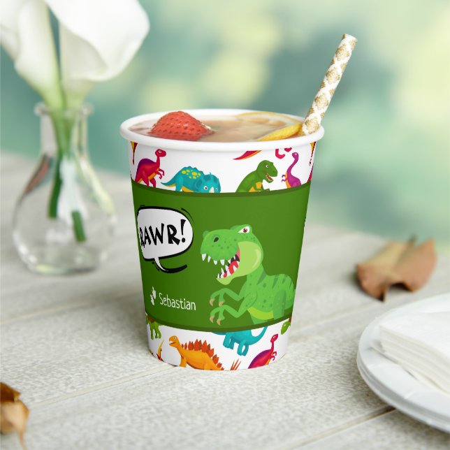 Dinosaur Pattern with Name T-Rex Birthday Party Paper Cups (Insitu)