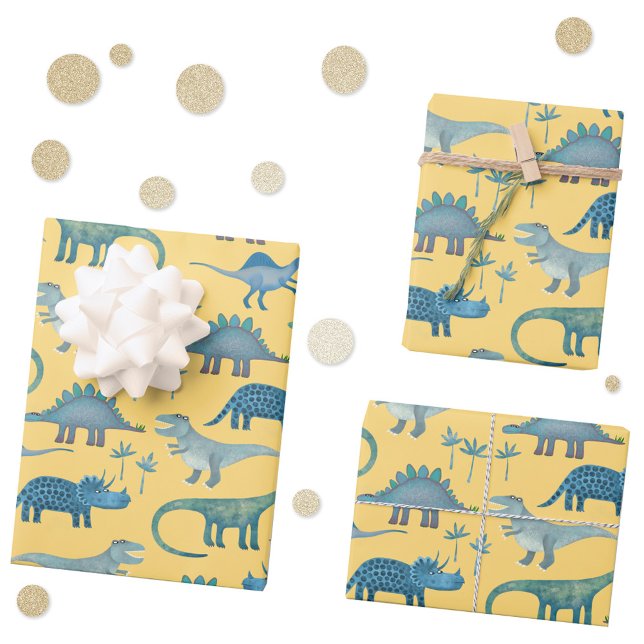 Dinosaur Pattern Yellow Wrapping Paper Sheet (Yellow dinosaur pattern gift wrapping paper sheets)