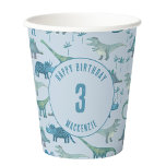Dinosaur Personalised Age Kids Birthday Party Paper Cups<br><div class="desc">Time for a wild birthday party!  A fun bunch of adorable dinosaurs on a gender neutral blue background,  ready to customise with your child's name and age.  Great for any age child,  boy or girl.  Original art by Nic Squirrell.</div>