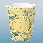 Dinosaur Personalised Age Kids Birthday Party Paper Cups<br><div class="desc">Time for a wild birthday party!  A fun bunch of adorable dinosaurs on a sunshine yellow background,  ready to customise with your child's name and age.  Great for any age child,  boy or girl.  Original art by Nic Squirrell.</div>