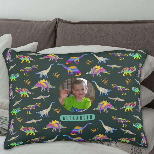 Dinosaur Personalised Boys Photo and Name Decorative Cushion (Colorful Dinosaur pattern personalized name and photo green pillow)