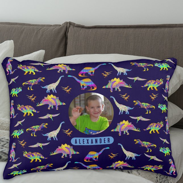 Dinosaur Personalised Boys Photo and Name Decorative Cushion (Colorful dinosaur pattern personalized boys name and photo navy blue pillow T-Rex Velociraptor dinos)