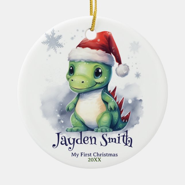 Dinosaur Personalised Name First Christmas Ceramic Tree Decoration (Front)