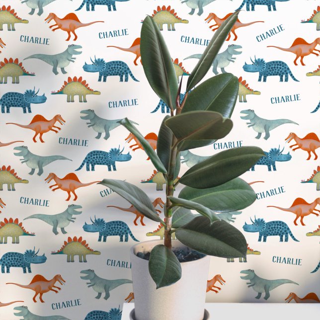 Dinosaur Personalised Name Wallpaper (Fun unique personalized dinosaur wallpaper with child's name for kid's room and nursery)