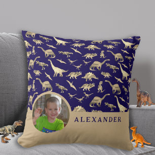 Dinosaur Personalised Photo and Name Blue Cushion