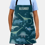 Dinosaur Personalized Apron<br><div class="desc">Lots of blue dinosaurs, Tyrannosaurus rex, Spinosaurus, Stegosaurus, Diplodocus and Triceratops on a dark teal green background. Change the name to personalize. Original art by Nic Squirrell.</div>