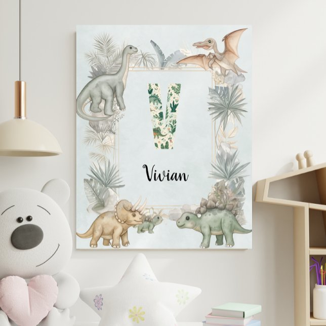 Dinosaur Personalized Name Monogram V Nursery Poster (Creator Uploaded)