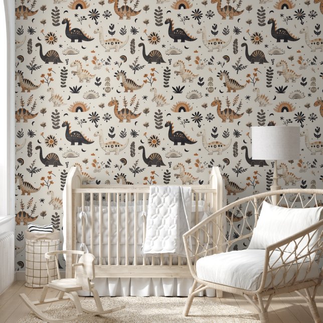 Dinosaur Pet Dino Baby Boy Neutral Brown Boho Wallpaper (Kids)